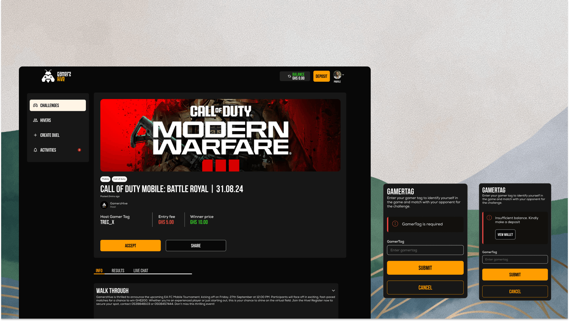 GamerzHive accepting a challenge screen