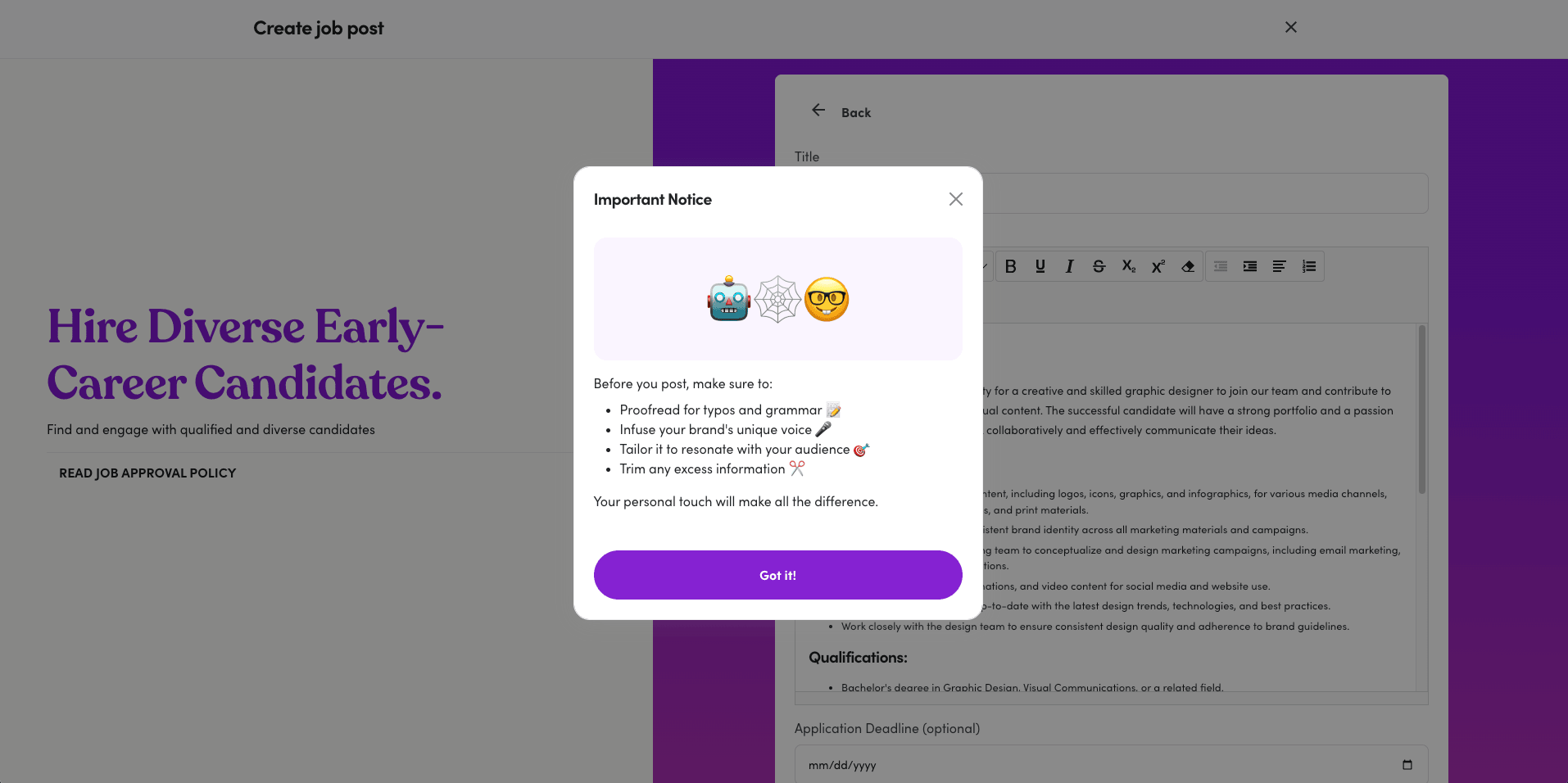 Anaanse AI job description generator — generated description ready to review and post