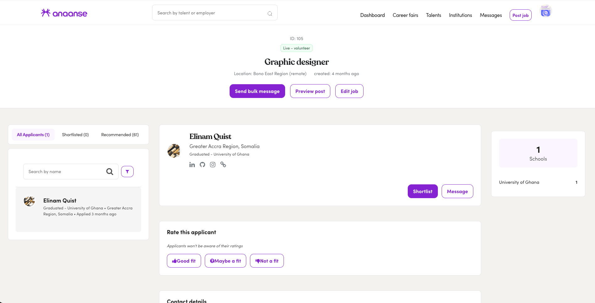 Anaanse applicant management — shortlist, bulk messaging, CV download, and screening questions