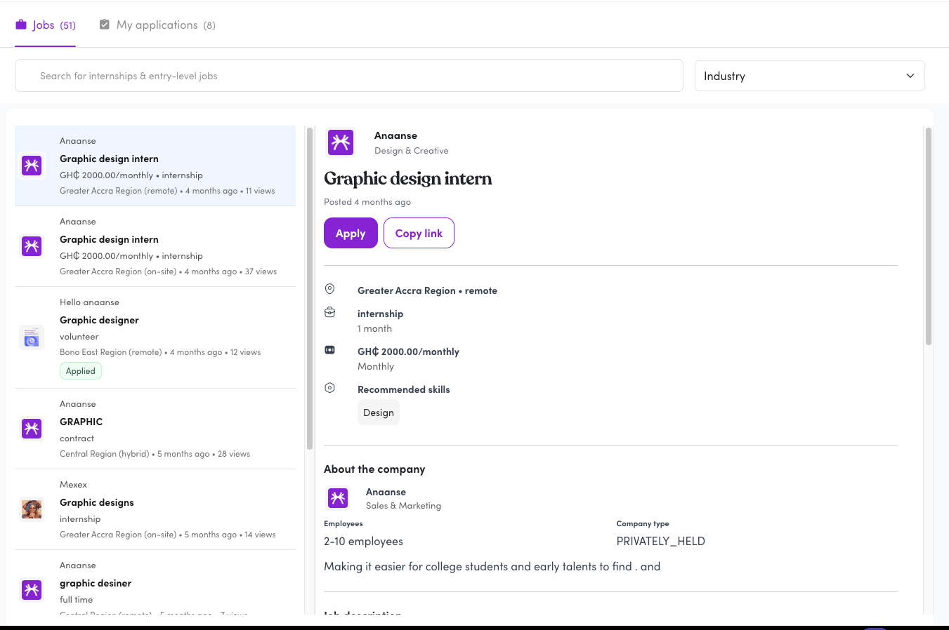 Anaanse talent job page — browse and filter open roles
