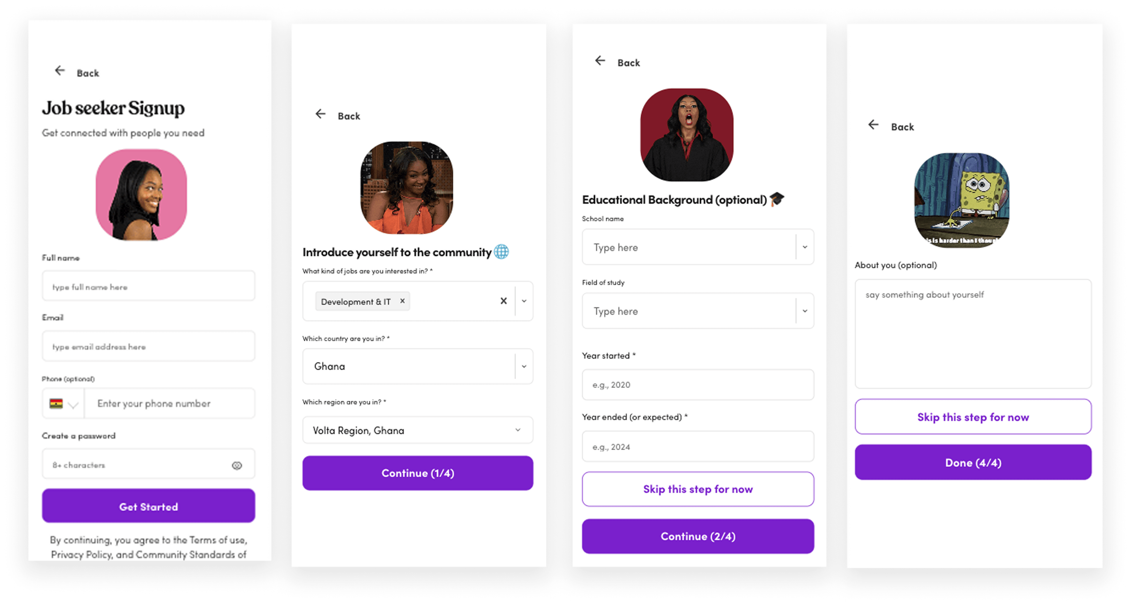 Anaanse job seeker signup and onboarding flow across four mobile screens