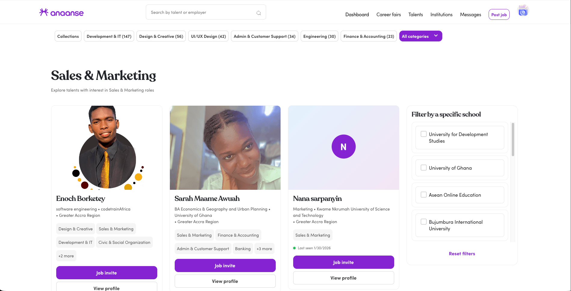 Anaanse talents page — search for talent and send job invites