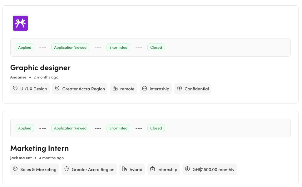 Anaanse job application tracking — view status and progress